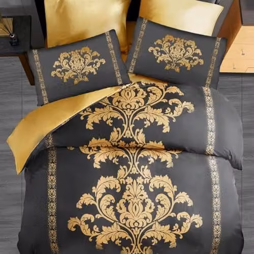 Lazzaro Home King Size Reversible Microfibre Duvet Cover Set in Black and Gold with Damask Floral Design, Duvet Cover 180 x 200 cm and Pillowcases 50 x 75 cm – 2