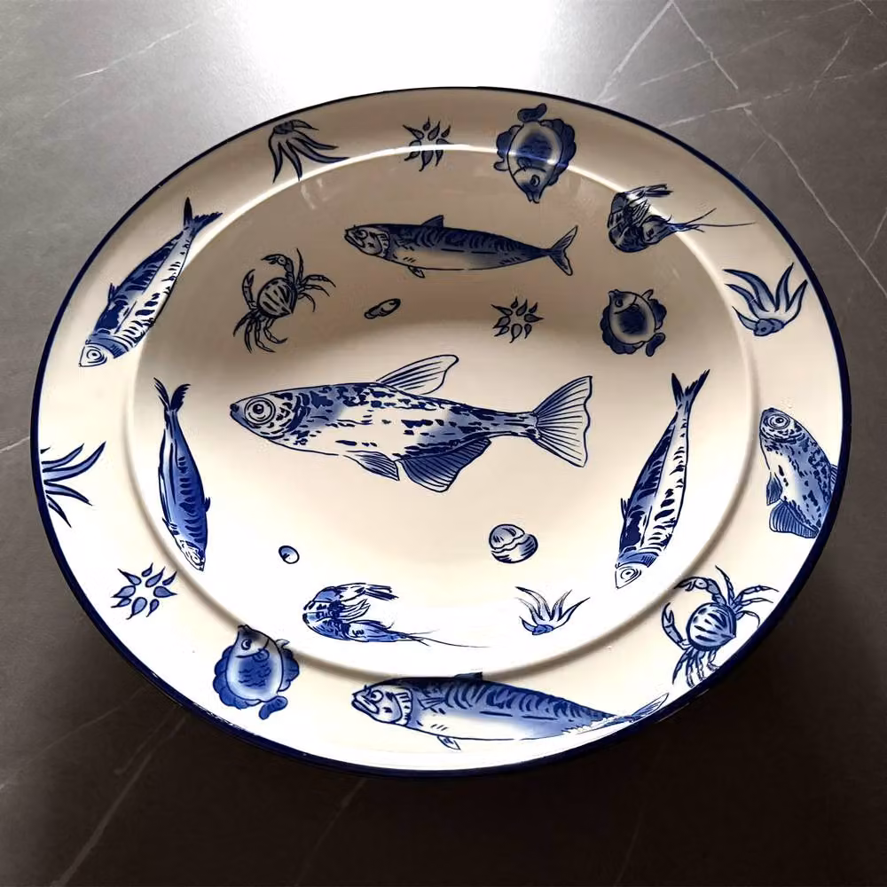 Verano Spanish Ceramics Ocean Fish Ceramic Large Serving Dish in Blue and White, W: 36.5 cm, H: 7 cm – 2