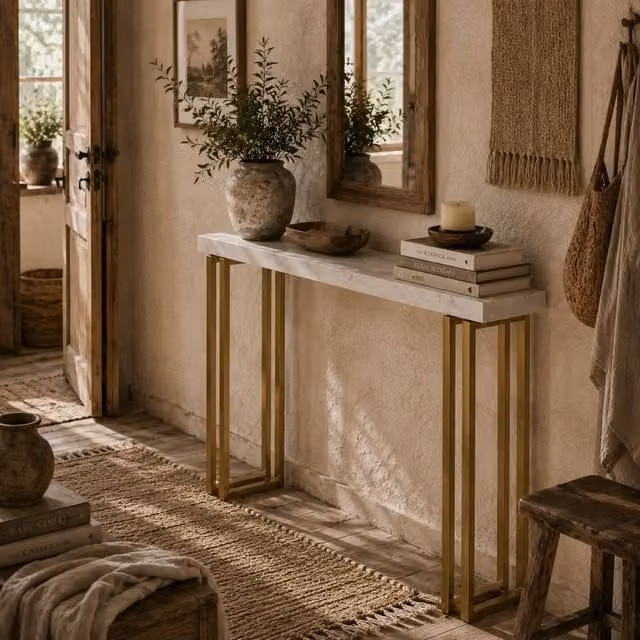 Wyld Haus Mahota Slim Faux Marble Console Table in White and Gold, W: 100 cm, H: 74.5 cm
