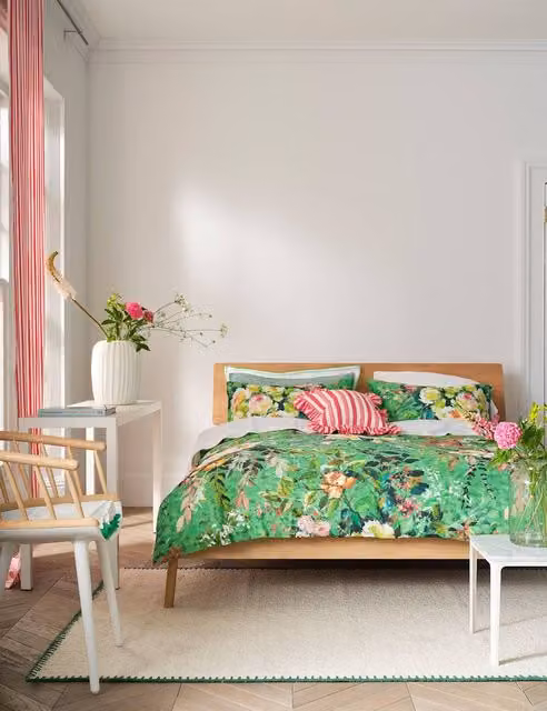 Designers Guild Margaretta Floral Cotton Percale Duvet Cover Set, Green Mix, W: 140 cm, L: 200 cm