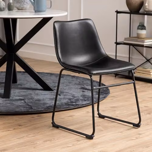 Furniture To Go Heaven Round Dining Table with White Polished Marble Top and 4 Black Oregon Dining Chairs with Cream Stitching – 4