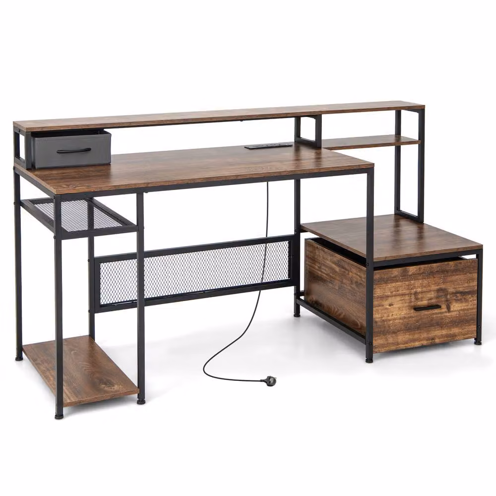 Costway Computer Desk with Monitor Stand and Power Outlets, Brown – 4