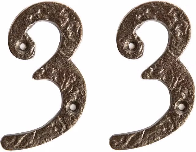 Hammer and Tongs Rustic Iron Number 3 Metal Numeral in Grey, Pack of 2, Height: 7.5 cm