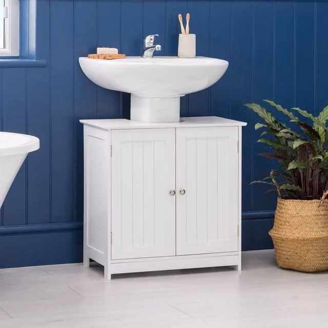 FORGEVIO Modern White Lacquered MDF Bathroom Under Sink Cabinet with Internal Shelves and Hinged Doors