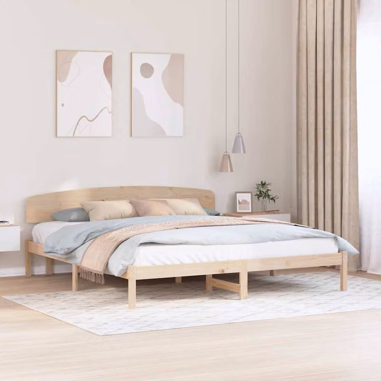 Berkfield Home Solid Wood Pine Bed Frame with Headboard in Beige, 200 x 200 cm