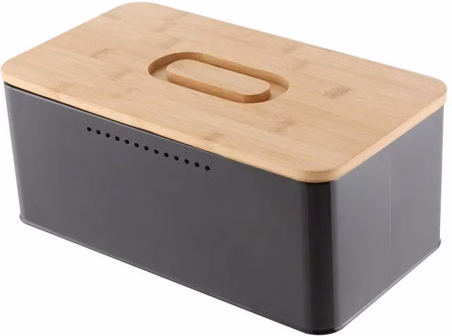 KORVIXA Bread Bin Loaf Food Storage Box in Grey with Wood Cutting Board Lid