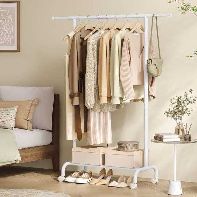 SONGMICS Extendable Metal Clothes Rail with Wheels in White