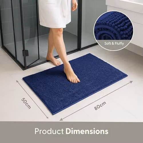 Keplin Non-Slip Microfibre Chenille Bath and Toilet Mat, Blue, W: 50 cm, D: 80 cm – 9