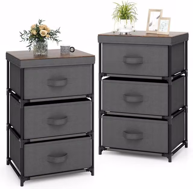 Gymax 2 Pack 3-Tier Fabric Dresser Nightstand Organiser Unit with 3 Drawers in Grey