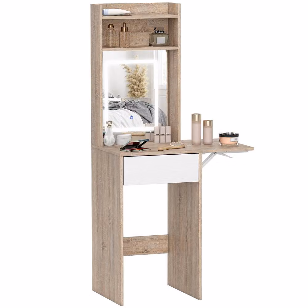 HOMCOM Compact Natural Dressing Table with Hollywood LED Lighted Mirror, Open Shelves and Drawer – 2
