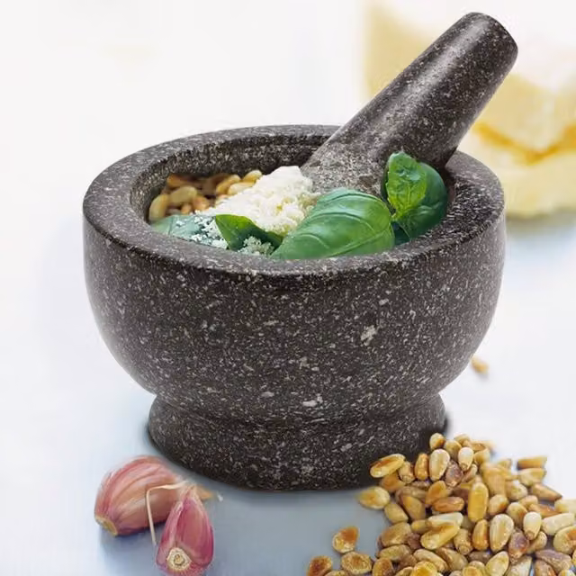 Homiu Black Marble Round Pestle and Mortar with Stand, 14 cm