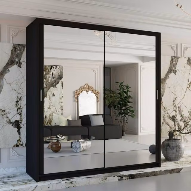 4U Black Double Mirror Sliding Wardrobe with Integrated LED Lighting and Drawers, W: 90 cm, H: 200 cm, D: 62 cm