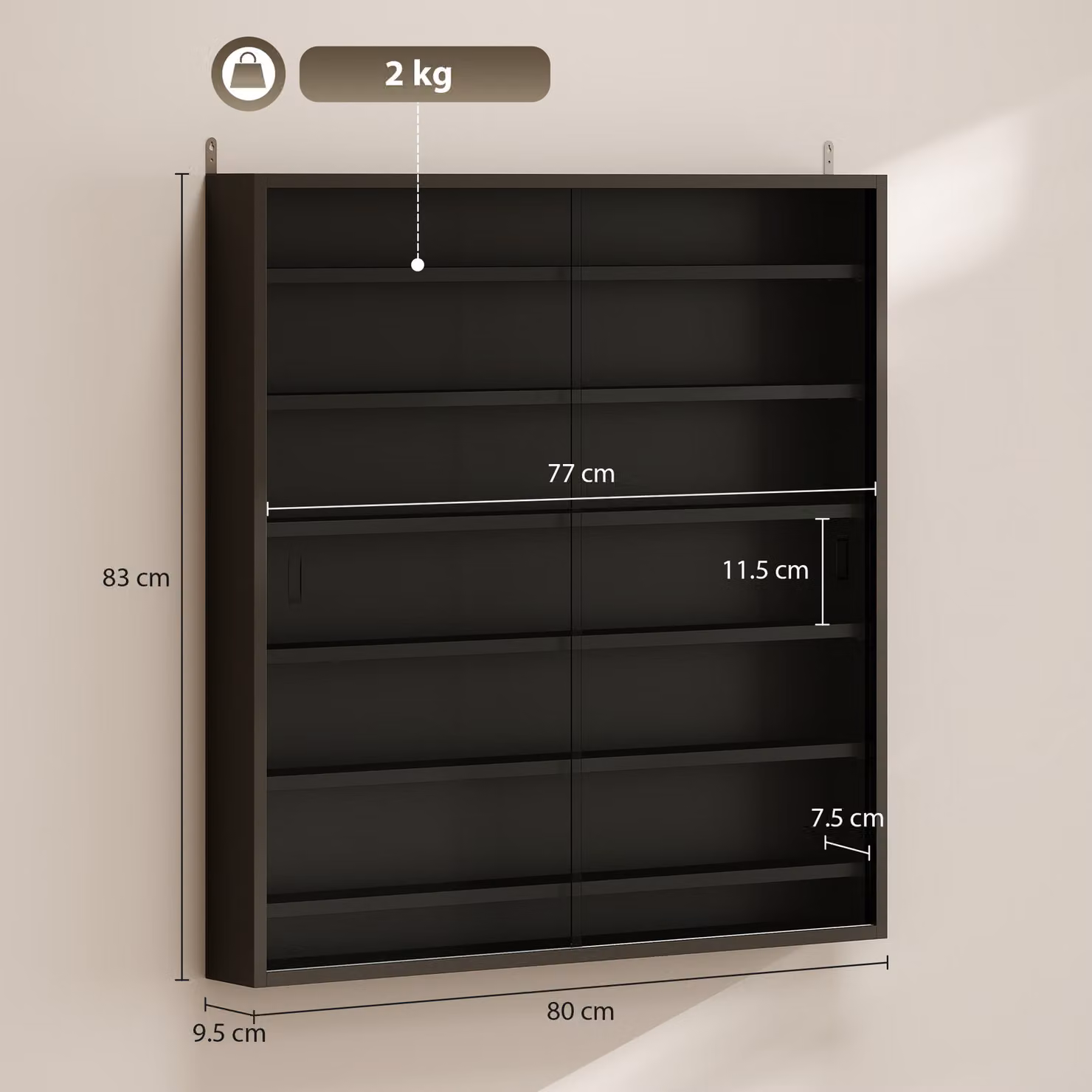HOMCOM 7-Tier Wall Mounted Display Shelf Unit with Glass Doors and 6 Adjustable Shelves, Black, W: 80 cm, H: 83 cm – 3