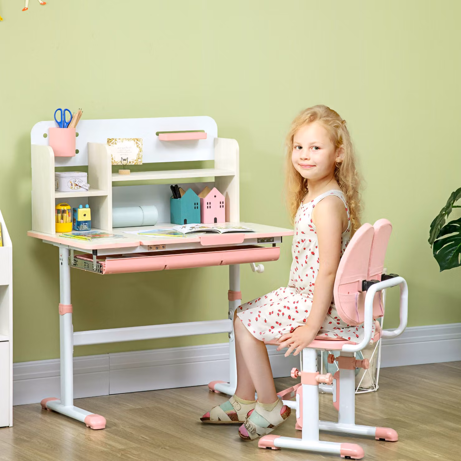 HOMCOM Height Adjustable Kids Desk and Chair Set with Shelf in Pink – 2