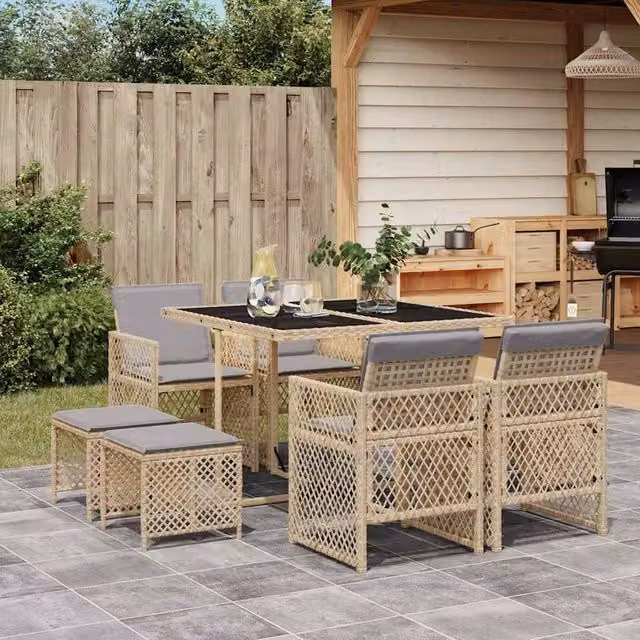 Berkfield Home 9 Piece Beige Poly Rattan Garden Dining Set with Cushions and Glass Table – 1