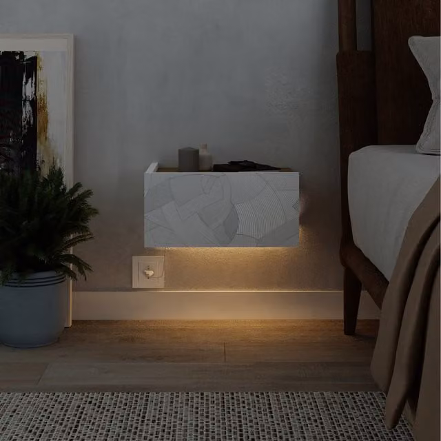 Decortie Onda Wall Mounted Floating LED Bedside Table Nightstand with Drawer in White