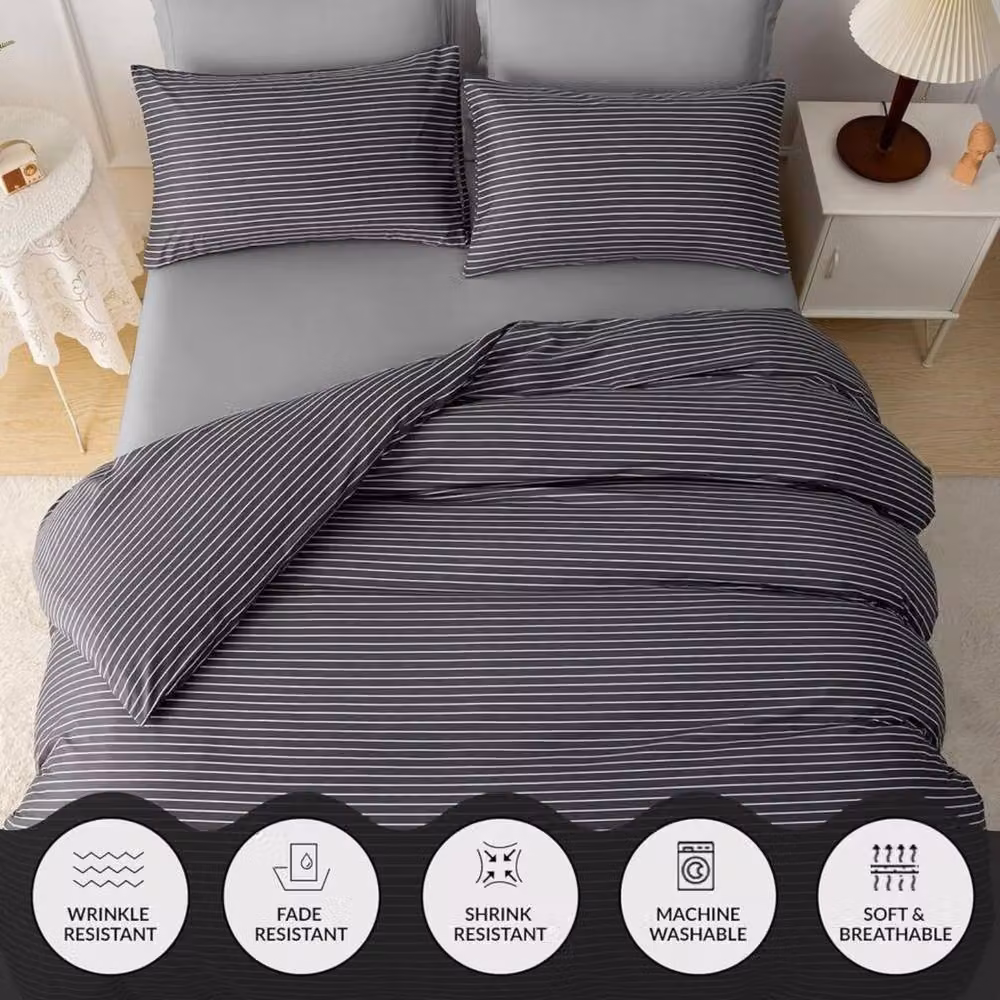 Grace 4 Piece Super King Microfibre Reversible Duvet Cover Set with Fitted Sheet in Black and Grey – 9
