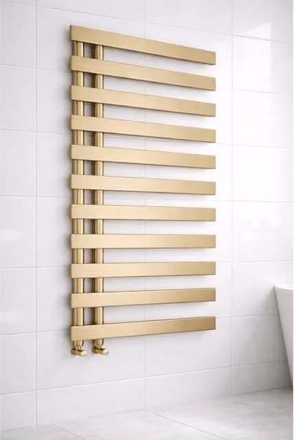 Bathroom Kingdom Milton Brushed Brass Designer Flat Panel Heated Towel Rail, Gold, H x W: 156.4 x 50 cm