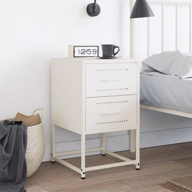Berkfield Home Durable Metal Bedside Cabinet in White, W/D/H: 39 x 39 x 60.5 cm