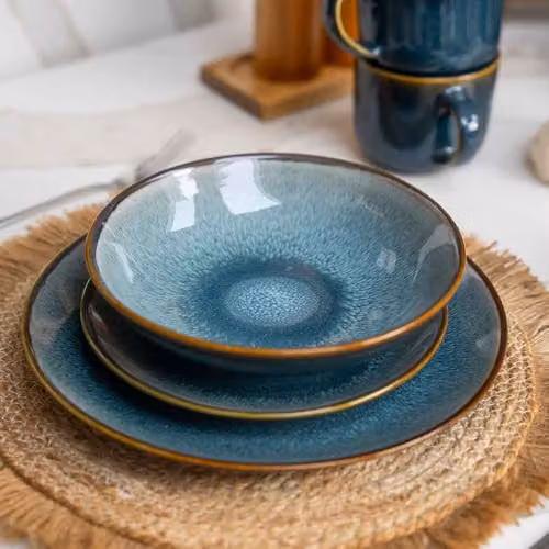 Scandi Home Set of Four Stavanger Blue Ceramic Dinner Plates, Diameter: 27 cm – 7