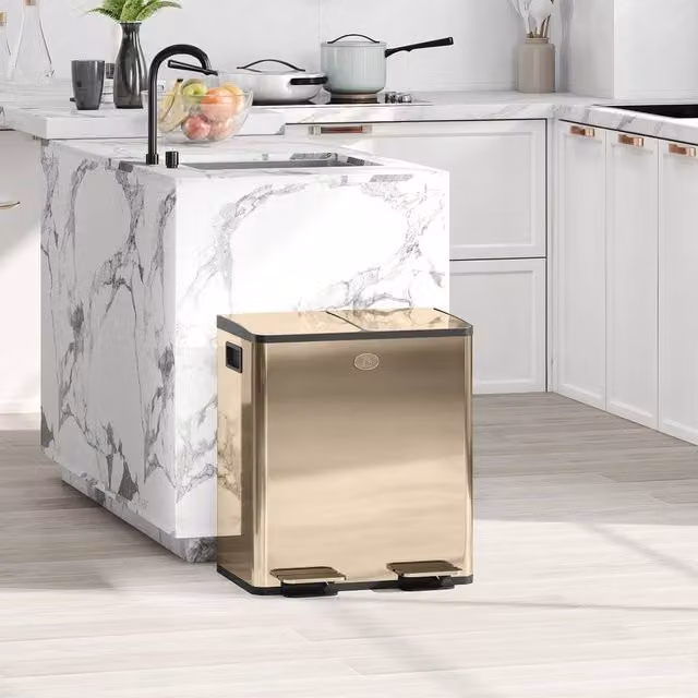 KORVIXA Gold Dual Kitchen Pedal Bin, 2 x 20L, Fingerprint-Proof Stainless Steel, Width: 100 cm – 1