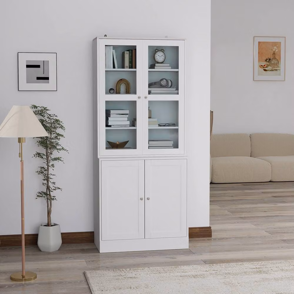 ERGOVEXA Modern Double Storage Display Cabinet in White with Glass Doors and Adjustable Shelves – 3