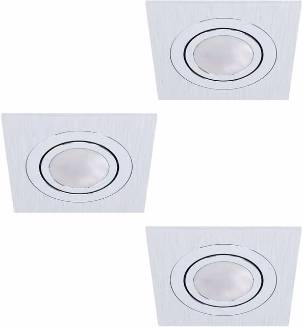 Loops 3 Pack Square Flush Ceiling Downlights in Brushed Silver Aluminium with 3 x 5W GU10 Bulbs Included