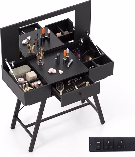 Costway Modern Black Flip Top Vanity Desk with Mirror and Metal X-Frame Design