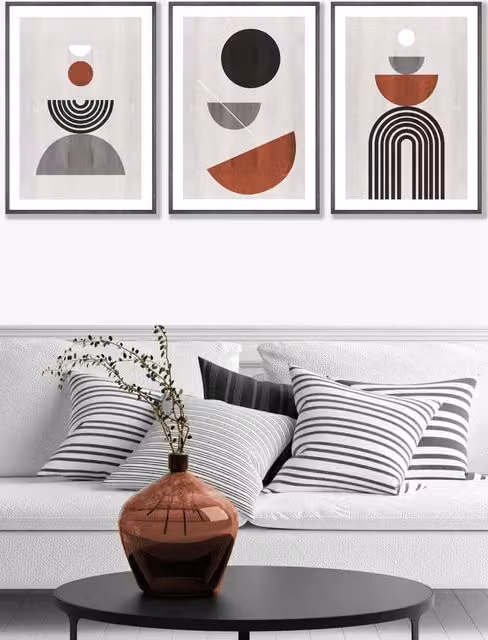 ARTZE Set of 3 Mid Century Geometric Abstract Wall Art in Grey, Black, Orange and White, W: 33 cm, H: 45 cm, D: 0.2 cm – 1