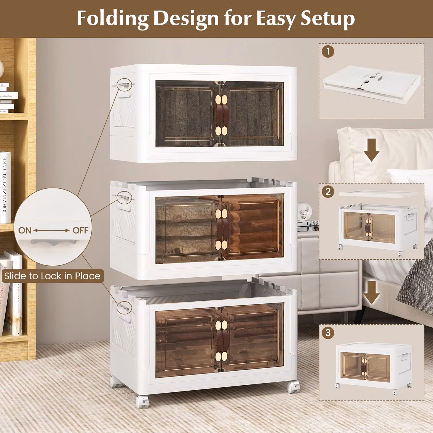 Costway 4 Pack Stackable Folding Storage Cabinets with Lockable Wheels and Glass Doors in White – 3