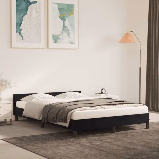 Berkfield Home Upholstered Velvet Bed Frame with Headboard in Black, W: 135 cm