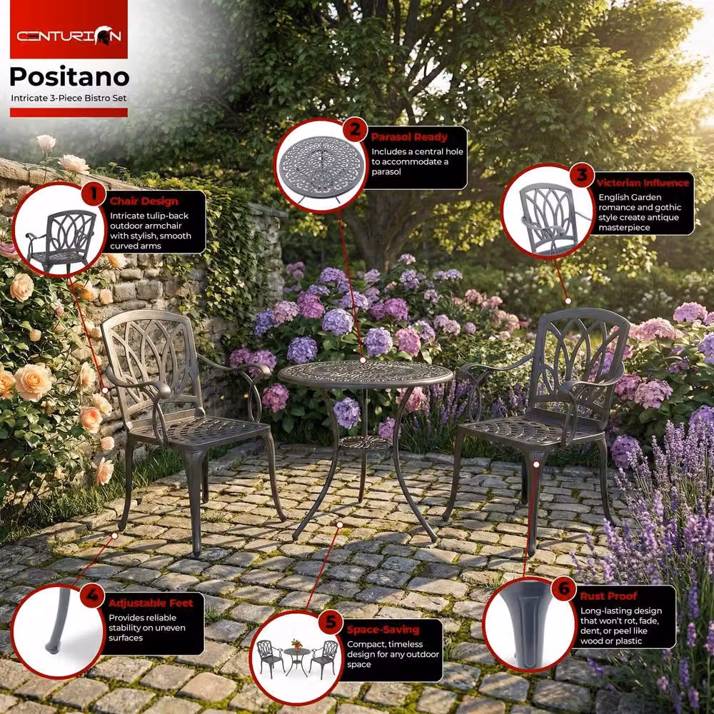 Centurion Supports Positano Grey Cast Aluminium Bistro Set with Round Table and 2 Chairs – 4