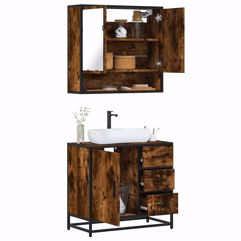 Berkfield Home 2 Piece Industrial Bathroom Furniture Set in Brown Smoked Oak with Mirror Cabinet and Vanity Unit – 1