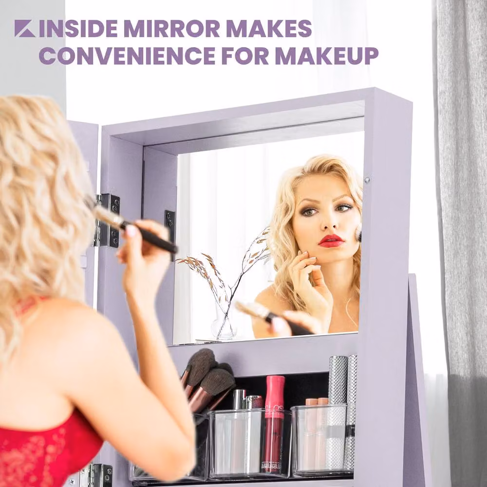 Gymax 3-in-1 Jewellery Mirror Cabinet with 360 Degree Swivel and Lock, Purple – 4