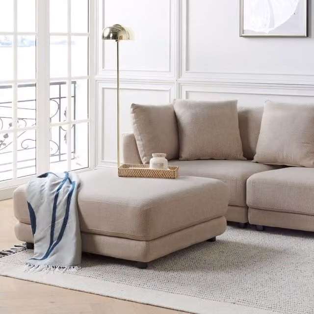 Wyld and Coco Beige Polyester Upholstered Rectangular Ottoman Footstool