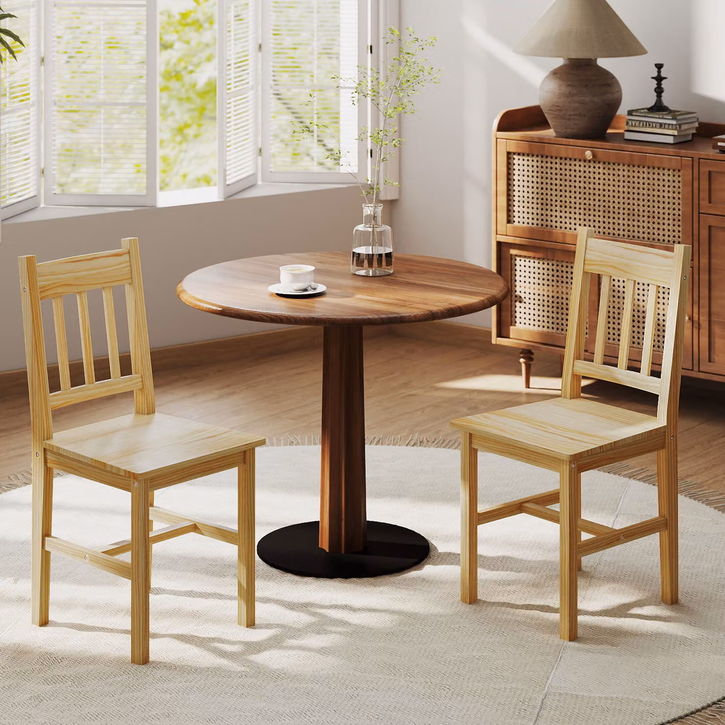 HOMCOM Set of 2 Rustic Brown Pine Wood Dining Chairs with Slat Back – 2