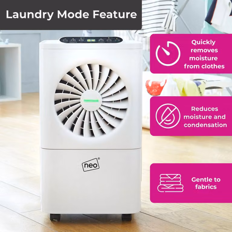 Neo 12L Per Day Dehumidifier in White with LED Digital Display, 3L Water Tank, Sleep Mode, 24H Timer and Continuous Drainage