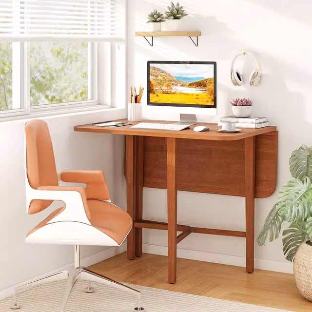 Costway Extendable Wooden Dining Table with Butterfly Drop Leaf in Brown