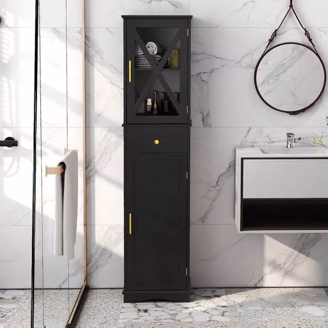 VOGREX Black Modern Freestanding Bathroom Storage Cabinet with Glass Doors and Internal Shelves and Drawers, H: 168 cm, W: 30 cm, D: 30 cm – 1