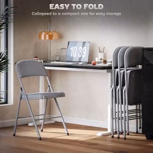 HOMCOM Set of 4 Metal Folding Chairs with Velvet Cushions in Light Grey – 5