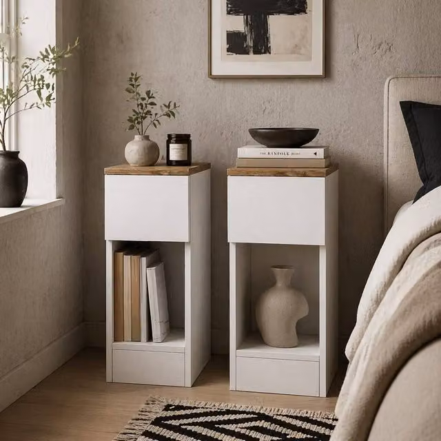 Wyld Haus Taro Set of 2 White and Oak Bedside Tables with Storage – 1