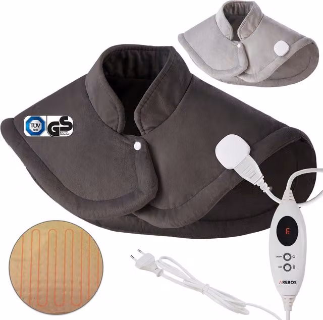 AREBOS Electric Heating Pad for Shoulders, Neck and Back in Anthracite Grey with Fleece Cover and Auto Shut-Off