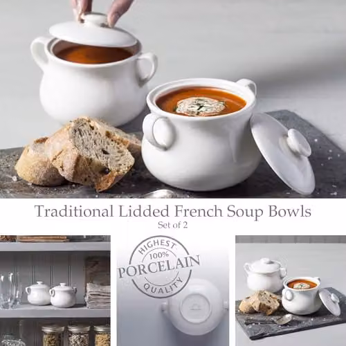 WM Bartleet & Sons 1750 Traditional Porcelain Set of 2 Lidded Individual French Onion Soup and Stew Bowls with Handles, 500ml, White – 2