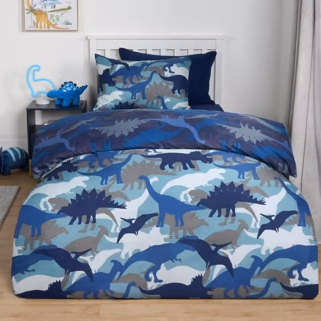 OHS Reversible Blue Graphic Dino Duvet Cover Set, W/D/H: 140 x 200 cm