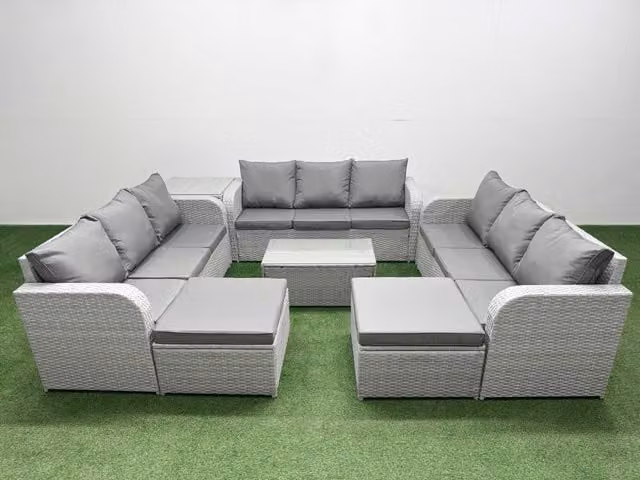 Fimous 11 Seater PE Rattan Outdoor Garden Furniture Set in Grey with 3 Seater Sofa, Rectangular Coffee Table and Ottomans