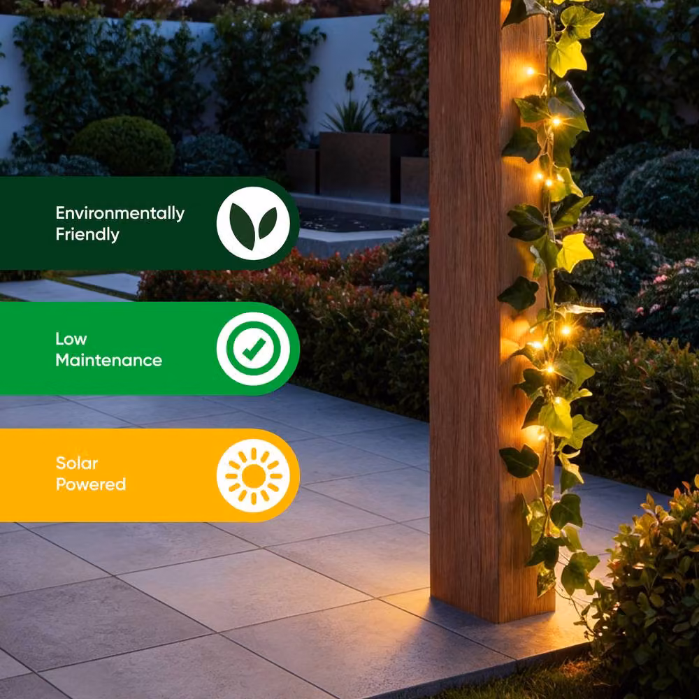 Gardenwize Solar Powered LED Ivy Garland String Lights with Warm White Bulbs, Green, 2m – 4