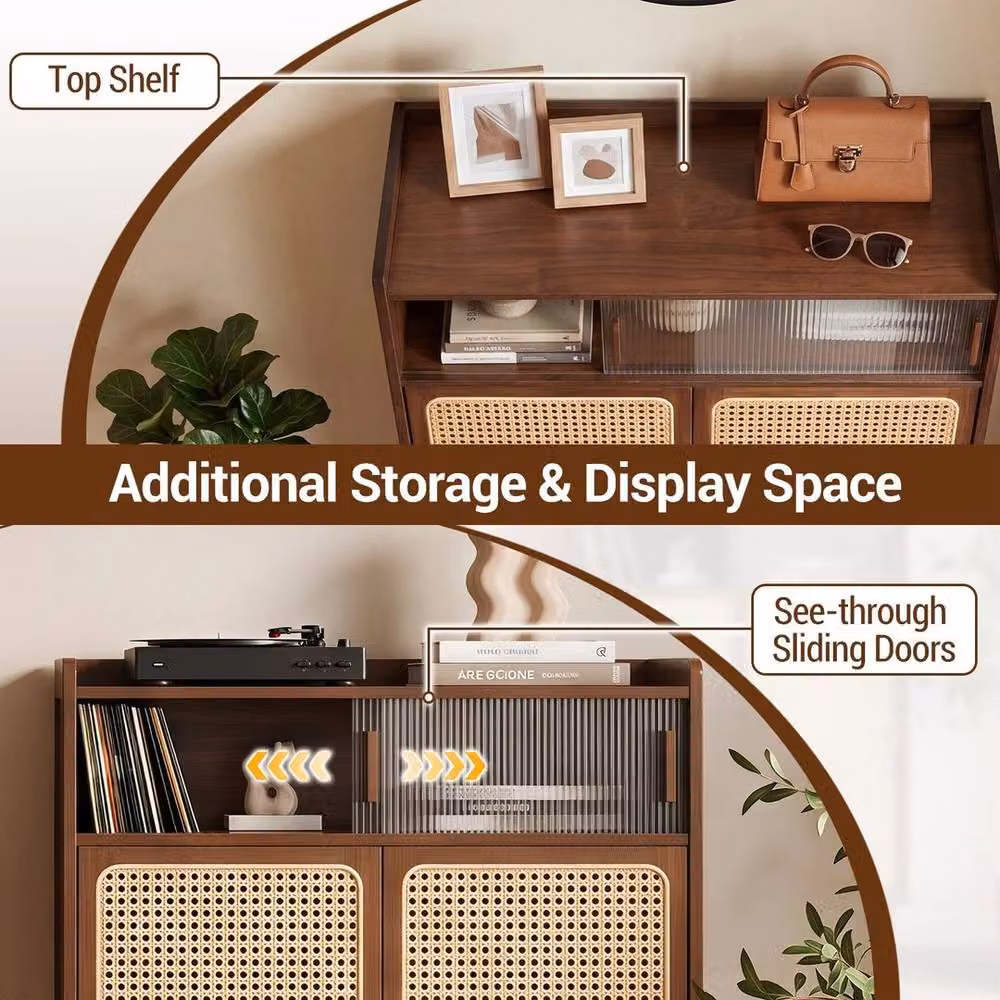 SPETLEK Wooden Shoe Storage Cabinet in Brown Walnut with Rattan Sliding Doors and Internal Shelves – 7