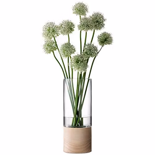 LSA International Lotta Vase in Clear Glass with Ash Wood Base, H36 x W22 x D14.224 cm – 1