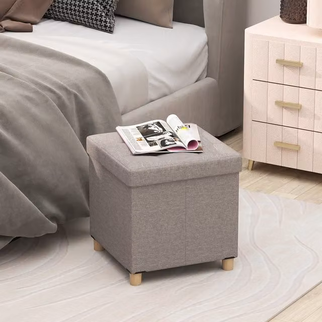 Costway Grey Linen Fabric Footstool Ottoman with Storage and Rubberwood Frame