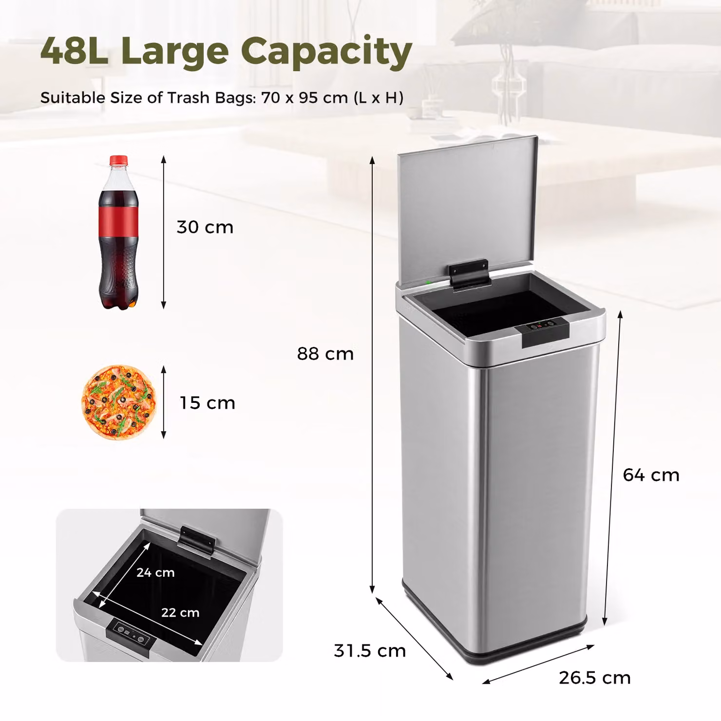 Gymax 48L Automatic Motion Sensor Trash Can with Lid in Metallic Silver – 2